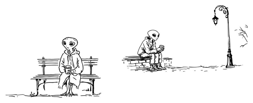 Alien characters sitting on park bench and wall in minimalist line art style