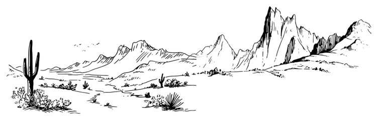 Desert landscape with cactus and jagged mountains in vintage engraving style © Celestynka