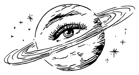 Planet Saturn with human eye and distant stars in mystical cosmic ink sketch style © Celestynka