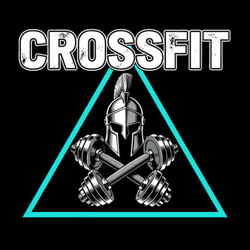 Crossfit Logo with Roman Helmet and Dumbbells in Triangle Frame