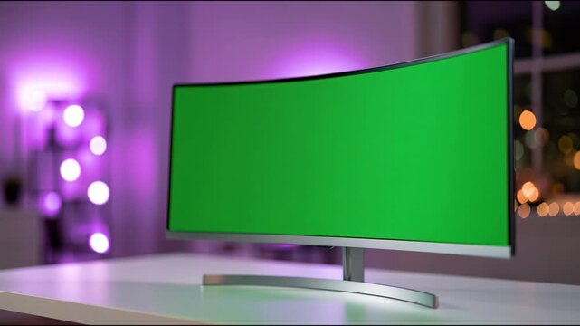 Curved ultrawide computer monitor with chroma key mockup green screen display on a white desk
