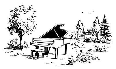 Grand piano standing in a quiet garden park surrounded by trees in line art style © Celestynka