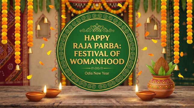 Happy Raja Parba (Mithuna Sankranti) Festival of Womanhood Table Setting with Diyas