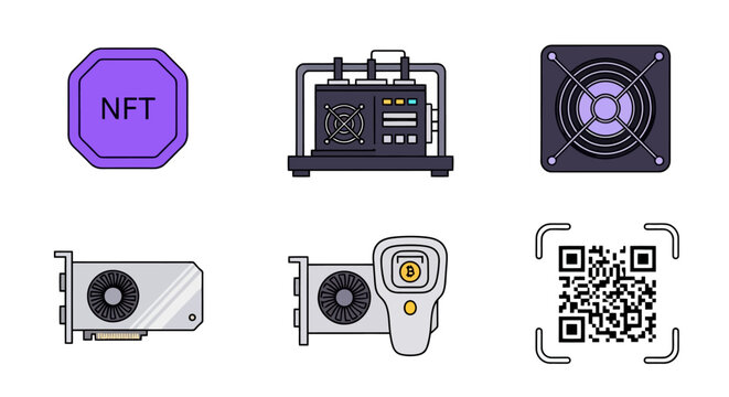 Cryptocurrency mining and NFT related icons set.