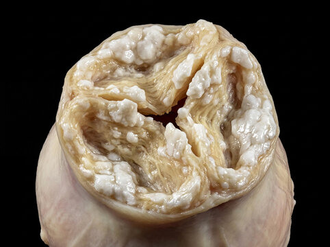 Severely calcified human artery cross-section showing advanced atherosclerosis with lumpy white plaque deposits and a narrowed lumen on a black background.