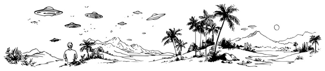 Man watching ufo flying saucers over a tropical mountain landscape sketch style © Celestynka