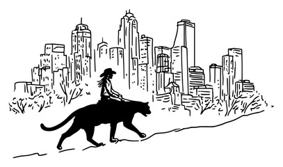 Person riding black panther in front of city skyline in surreal ink sketch style © Celestynka