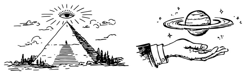 Mystical pyramid with eye and hand holding Saturn in symbolic ink sketch style © Celestynka