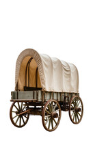 Isolated historic wooden covered wagon with canvas top and spoked wheels for pioneer travel. © Cian