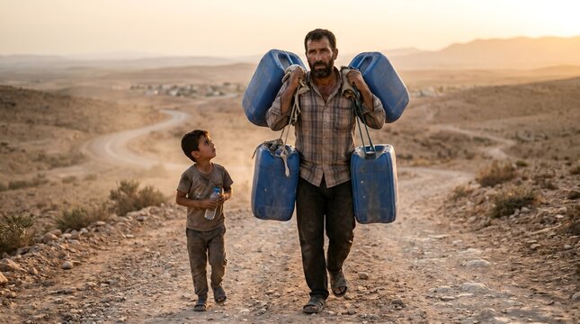 Happy Father's Day Father Carrying Water Jugs with Son Dusty Road