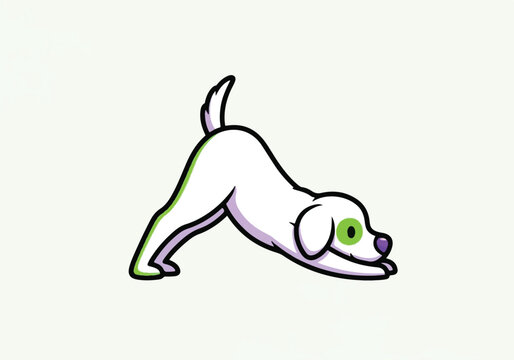 Cute cartoon white dog in yoga downward dog pose.