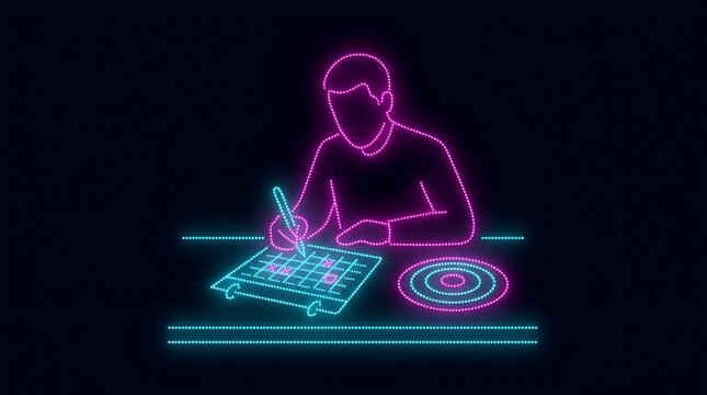 Professional person planning schedule on calendar in neon style