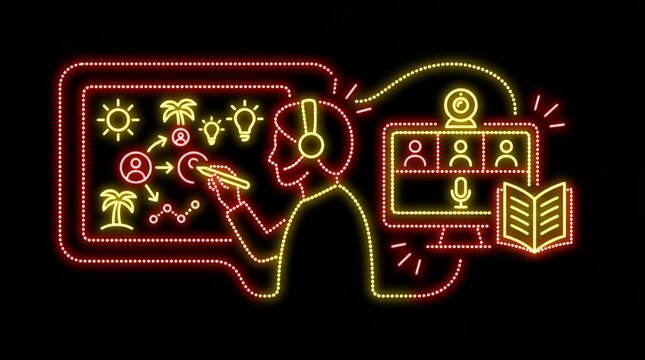 Remote worker using digital whiteboard and video call in neon style