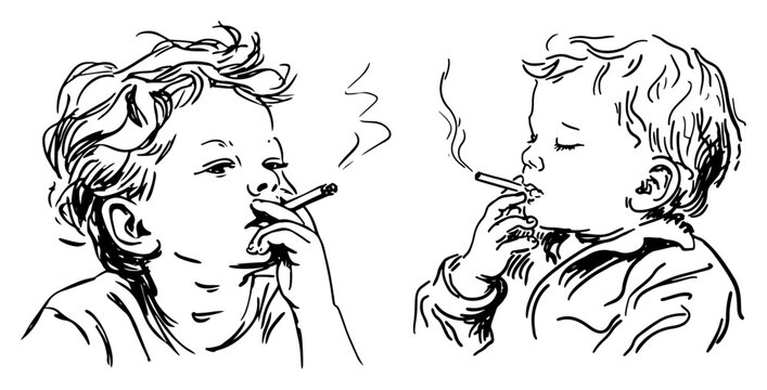 Young children smoking cigarettes as social commentary in minimalist line art style