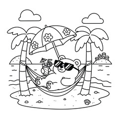 Bear relaxing in a comfortable hammock on a tropical beach island is a fun outline vector coloring page © Crafter