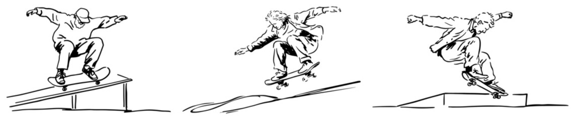 Skateboarder performing different tricks on rail and ramp in minimalist line art style © Celestynka