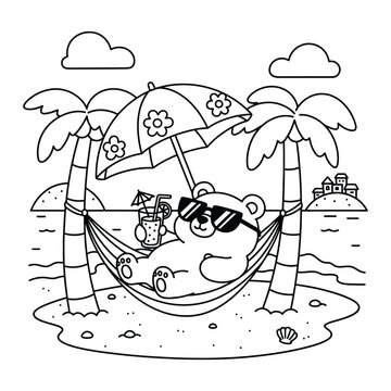 Bear relaxing in a comfortable hammock on a tropical beach island is a fun outline vector coloring page