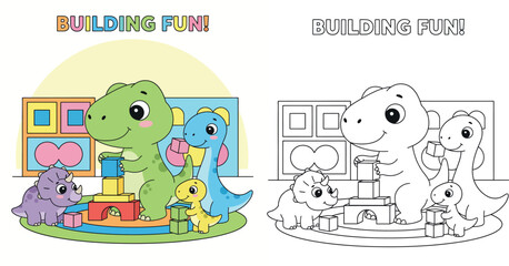 Cute Cartoon Dinosaurs Playing with Building Blocks © MstSangita