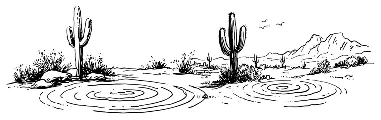 Desert landscape with cacti and ripples in sand with mountains in background vintage engraving style © Celestynka