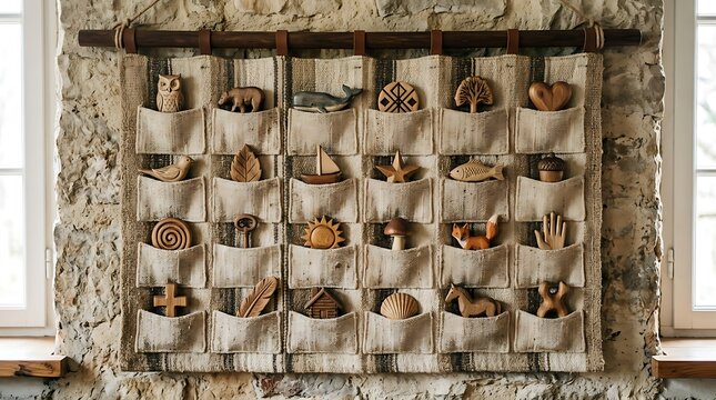 Handcrafted Wooden Figures in Fabric Wall Hanging Organizer