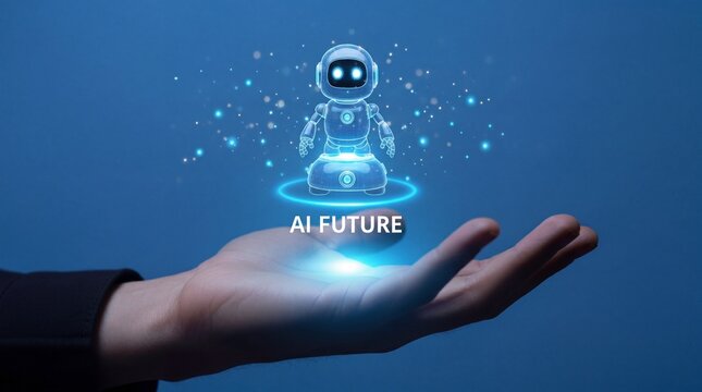 Businessman holding virtual AI future robot symbolizing intelligence, automation and machine learning
