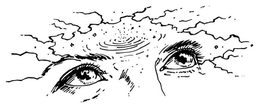 Human eyes looking up with swirling clouds and galaxy above forehead surreal sketch