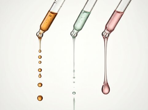 Three glass droppers dispensing colorful liquid drops and streams against a white background.