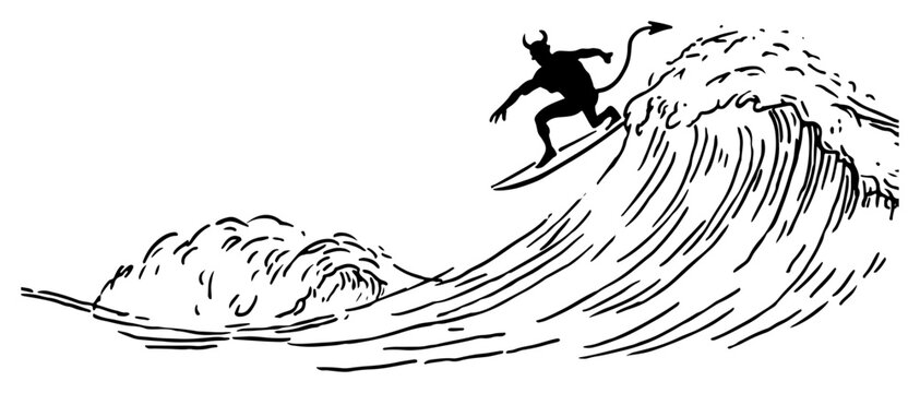 Little devil surfing on big ocean wave in metaphorical ink drawing style