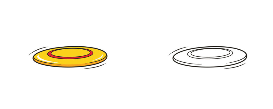 Color and line art flying frisbee disc cartoon illustration featuring yellow and red colors used for active outdoor beach games or park sports recreation