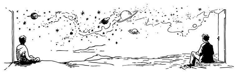 Man sitting in desert landscape looking into cosmic space portal in minimalist line art style © Celestynka