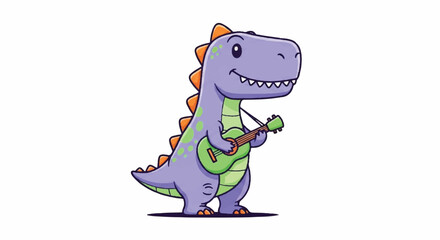 Fototapeta premium Cute cartoon dinosaur playing guitar illustration.