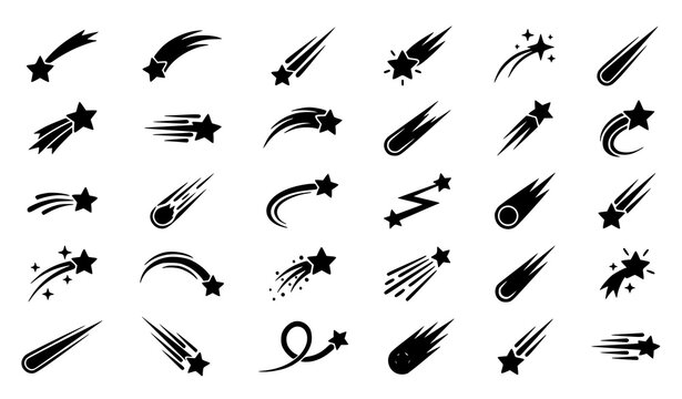 Shooting Star Meteor and Comet Black Silhouette Vector Illustration Set