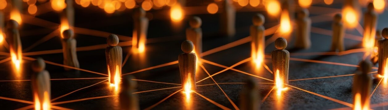 Wooden human figures connected by glowing orange lines representing  social networking concept
