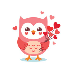 Fototapeta premium Cute Pink Owl Holding Heart Bouquet, Kawaii Bird Valentine Day Vector Illustration for Love and Romance