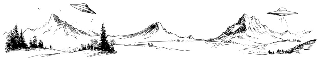 Panoramic mountain range with flying saucers and pine trees landscape sketch © Celestynka