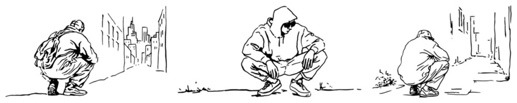 Person in hoodie squatting in urban city street in expressive ink sketch style