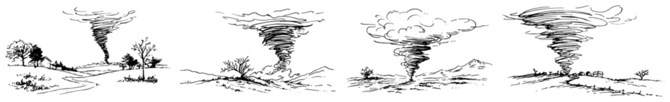 Sequence of tornado storms moving across rural landscape in different stages sketch