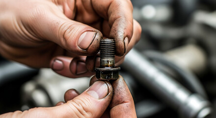 Fototapeta premium Close-up of dirty hands holding an oily engine drain plug bolt during vehicle maintenance.