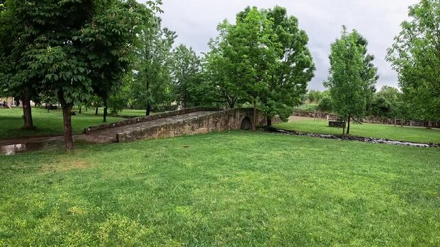 Historic Medieval Stone Bridge in Parque Verde, Alf&acirc;ndega da F&eacute;, Bragan&ccedil;a District, Portugal