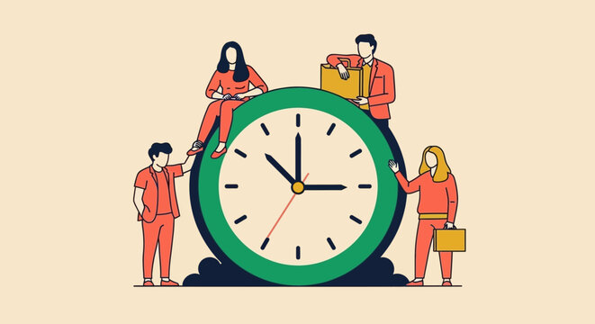 Business professionals managing schedule around giant clock flat vector illustration
