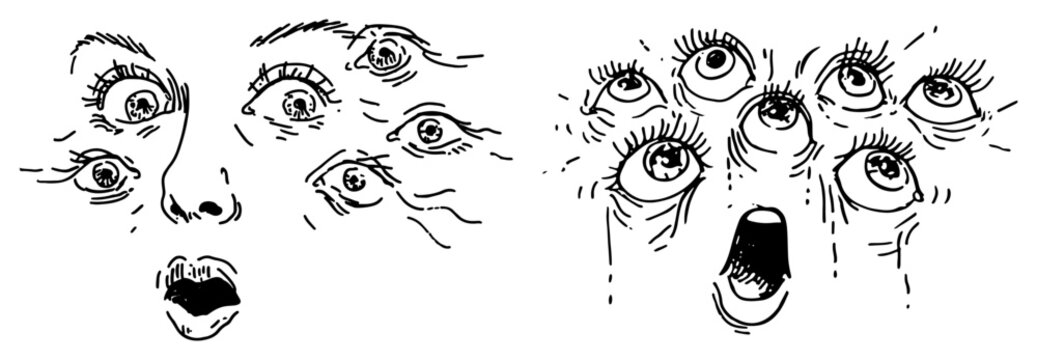 Surreal faces with multiple eyes and shocked expressions in metaphorical ink drawing style