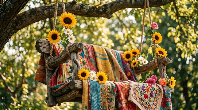 Raja Parba (Mithuna Sankranti) Decorated Swing in Nature, Floral Accents for Festival