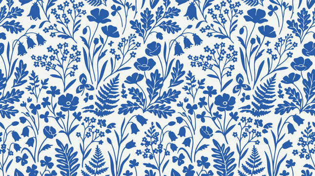 Blue and white floral seamless pattern background, vintage porcelain style wildflower botanical vector illustration for textile fabric and wallpaper design