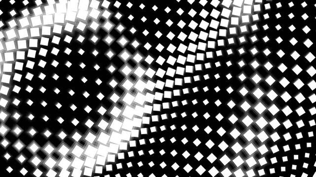Modern graphic background with a wavy motion of a grid of moving white square cubes on a black background with an optical illusion of depth and a perspective effect in the op art style.