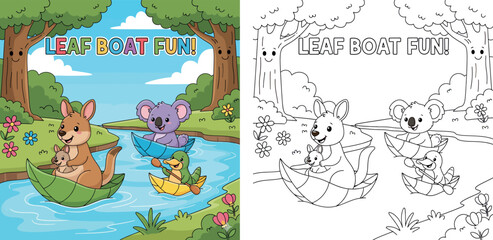 Cute Cartoon Animals in Leaf Boats on a River - "LEAF BOAT FUN!" Whimsical Nature Illustration © MstSangita