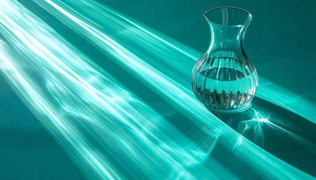 Glass carafe creating light caustics on turquoise surface