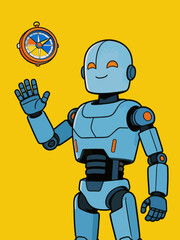 Fototapeta premium Cute Robot Playing with Vintage Compass on Yellow Background