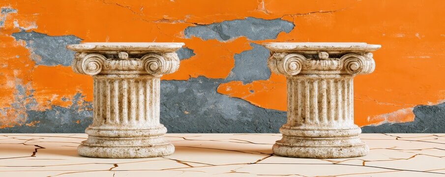 Two ornate stone pedestals featuring classic ionic capitals stand on  cracked marble surface