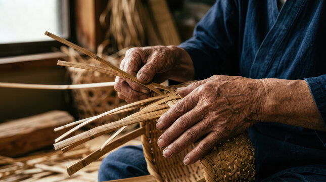 Closeup of elderly hands weaving a traditional basket with natural materials.