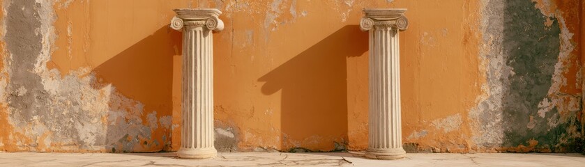 Naklejka premium Two classical stone columns standing before textured orange weathered plaster wall surface